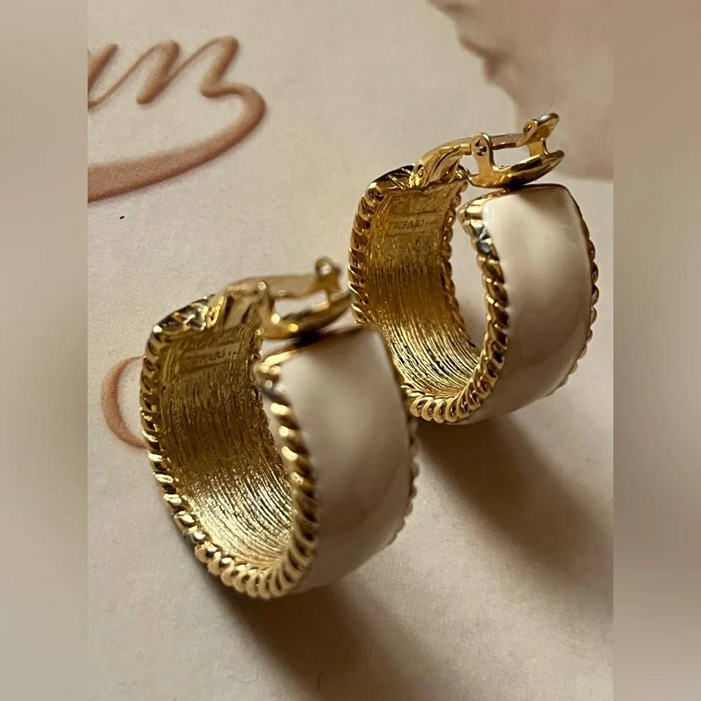 Trifari Gold and Cream Hoop Earrings - Picture 1 of 6